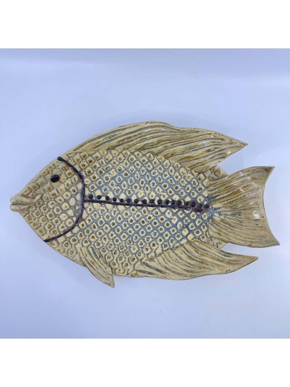 vintage studio pottery fish-shaped serving dish with textured details signed